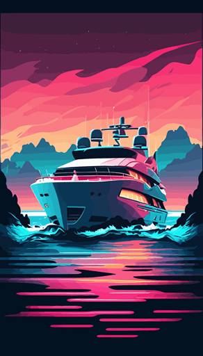 luxury motor yacht in the back small on see, waves, islands, flat abstract minimalistic vector style, vibrant neon colors, pink, light blue