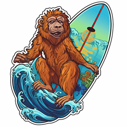 a howler monkey riding a surfboard, Sticker, Playful, happy, Bright Colors, Digital Art, Contour, Vector, Big blue wave in Background, Detailed