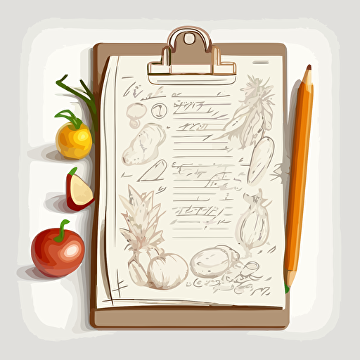 clipboard with an item list on it, surrounded by fruits and vegetables, vector line drawing style