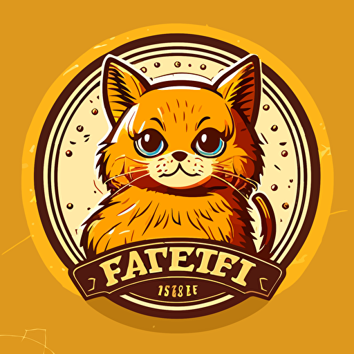 cat pet shop logo, golden cat, big round eyes, has a name tag, lovely cute cat, cirble background, vector art style, cartoon art atyle