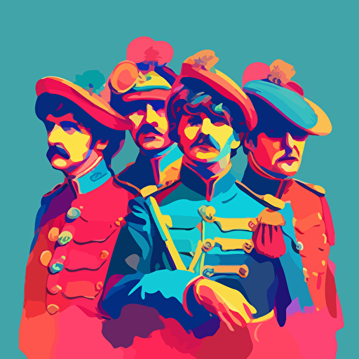 dynamic performance, four Beatles playing music from front, upper body, uniform Sgt. Pepper's Lonely Hearts Club Band, detail rich vector illustration in the colors , yellow red blue turquoise pink