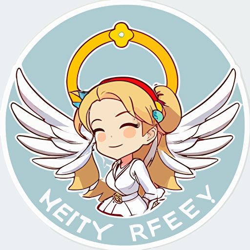 sticker, Happy Mercy from the video game Overwatch, weilding her staff and a halo over her head, kawaii, contour, vector, white background