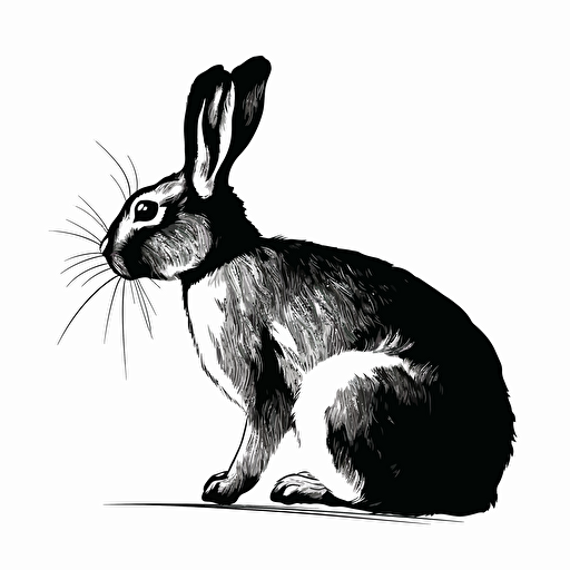 vector art of a bunny seen from the side, black and white