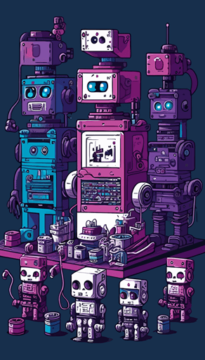stock vector of robots for the production, in the style of magenta and indigo, pixelated realism, ricoh gr iii, industrial and product design, animated gifs, installation-based, industrialization