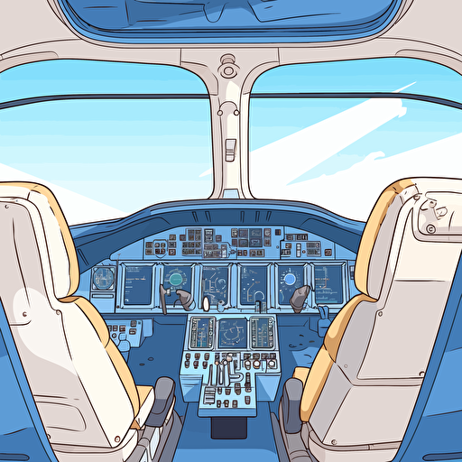R2D2 in the cockpit pilot seat of a Boeing 747. Outside the windows there is bright blue sky and sunshine. vector drawing childrens book