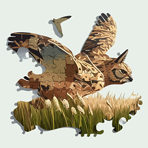 a vector image of an owl flying above a hare in the grass. Logo design. Made of jigsaw pieces