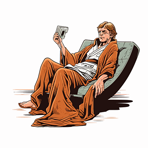 luke skywalker in jedi robes, holding an activated functioning lightsaber weapon in hand, lying down on a chaise lounge looking confused, cartoon comic book style vector drawing white background