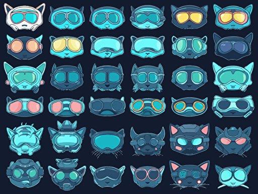 game sprite sheet of futuristic sci-fi goggles for space-cats, collection sheet, 2d game sprite, asset store 2D flat cartoon drawing vector