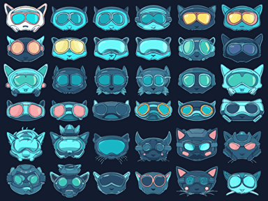 game sprite sheet of futuristic sci-fi goggles for space-cats, collection sheet, 2d game sprite, asset store 2D flat cartoon drawing vector