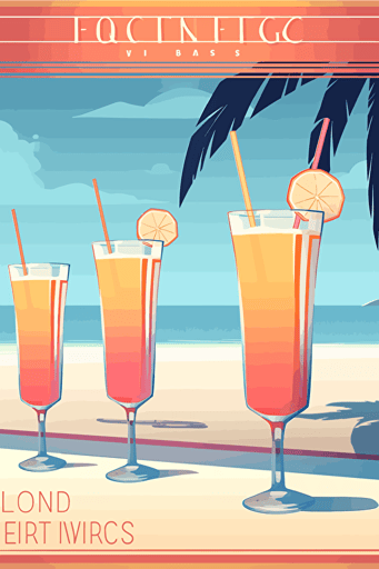 1970's advertisement long drinks, summer, beach party, art deco, vector, minimalistic,