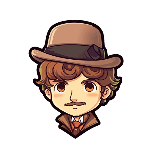 Sticker, Happy Colorful Sherlock Holmes, brown hair, short brown stubble beard, deerstalker, kawaii, contour, vector, white background