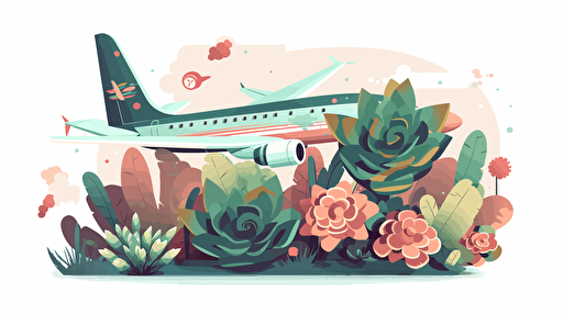 echeveria and succulents on flying airplane, flat color, vector illustration, for blog thumbnail image, simple, white background