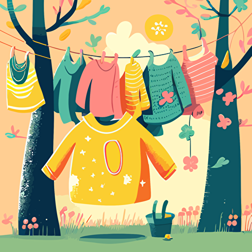 vector,bright colourful, pastel colours, children's book illustration, hanging clothes at spring