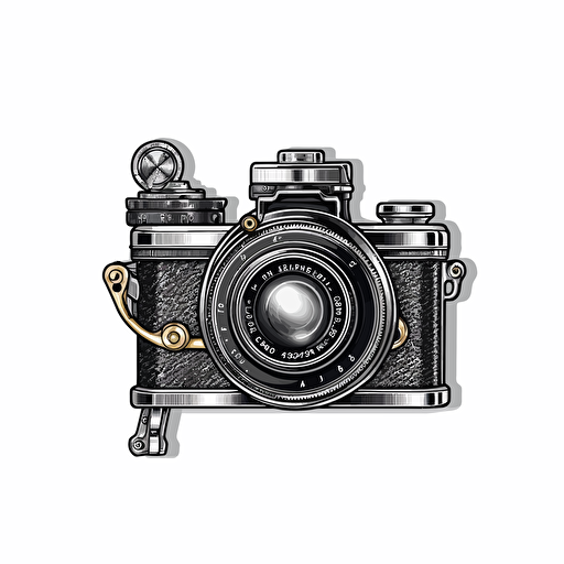 modern logo of old fashioned film camera with an ammo clip attached to it, black vector, on white background