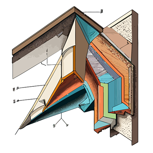 an architectural axonometric vector colored line drawing showing proper saddle flashing details at a beam-to-wall connection