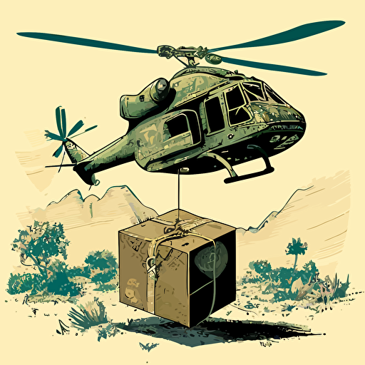 vector drawing of helicopter delivering amazon package from slung rope in a warzone
