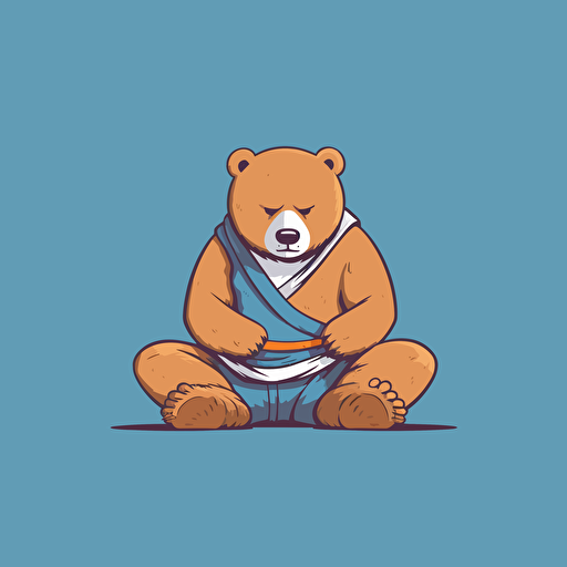 Bear layed out flat on the ground with a different Bear kneeling over it with one knee on its stomach, Both Bears wearing jiu jitsu clothes,, vector animation illustration, 4 colors limit, solid background, high resolution