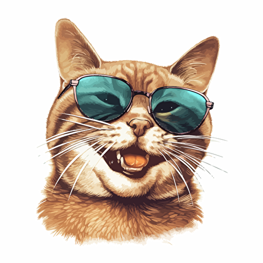 cat wearing dark sunglasses and smiling real big while he's enjoying life, white background, detailed vector