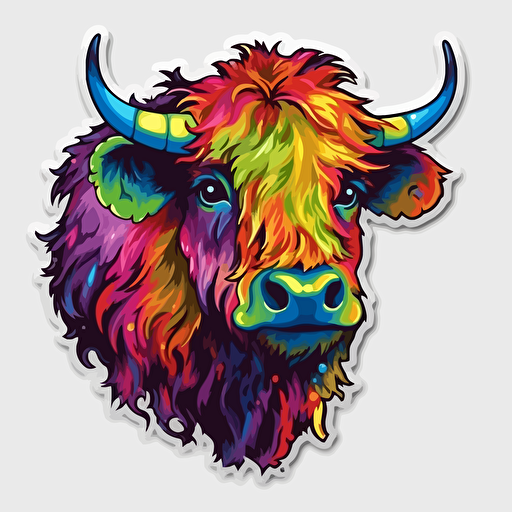 sticker, vector shaggy cow rainbow, no background
