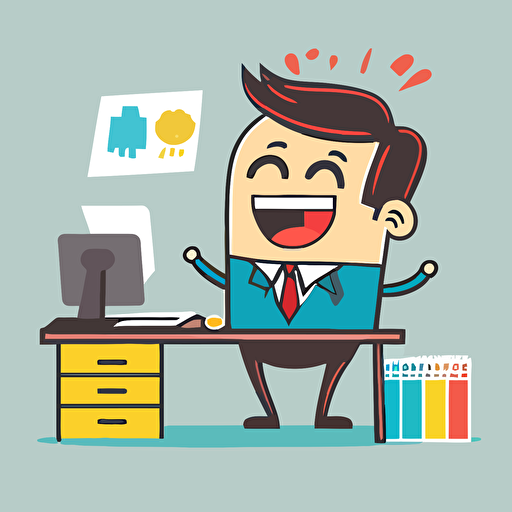 happy ceo standing at desk, simple, clean design, illustration, colorful, vector