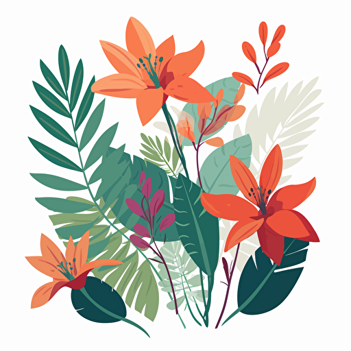 tropical flowers, Vector, flat, illustration, white background, simple colours