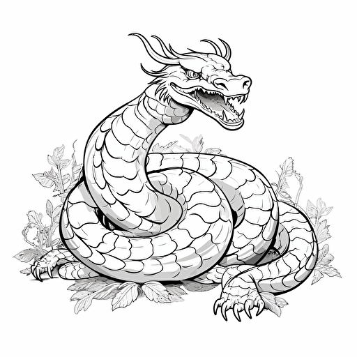 japanese dragon snake No Shadow. Cartoon. Coloring page. Vector. Simple.