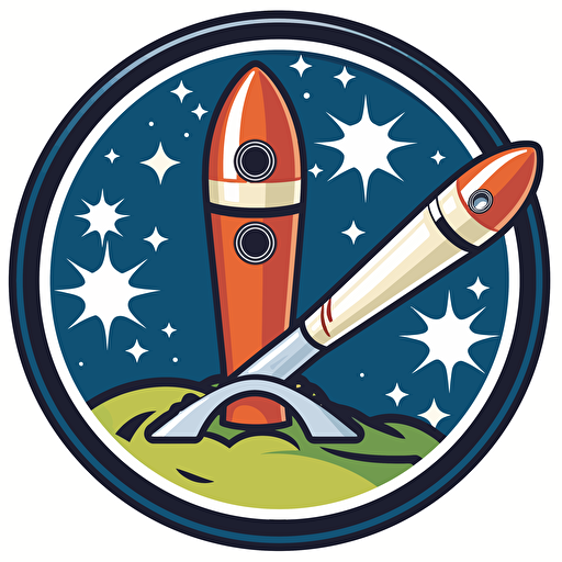 logo of a rocket in foreground, baseballs and bat in background, vector