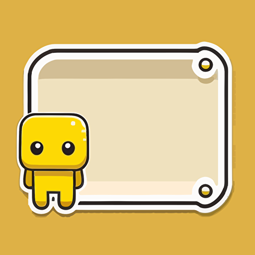 vector sticker design, transparent background, cute cartoon kawaii style, rectangle wide border with rounded edging yellow backdrop, small robot head in lower right hand corner