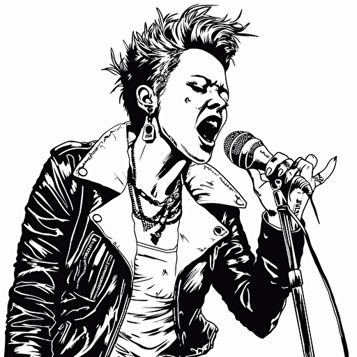 black and white felt pen ink vector illustration of a psychobilly vixen singing her heart out, leather jacket, spiked hair, beautiful, epic, on white tinfoil