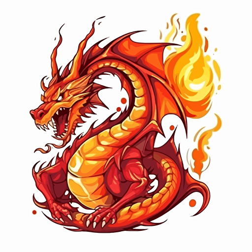 ferocious dragon and fire, detailed, cartoon style, 2d clipart vector, creative and imaginative, hd, white background
