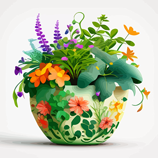 create a green planter full of amazingly colorful flowers vector style on white background