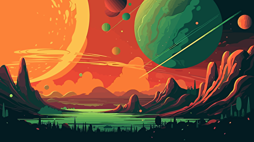 a green and orange planet in space, vivid, multiple moons, flat vector illustration