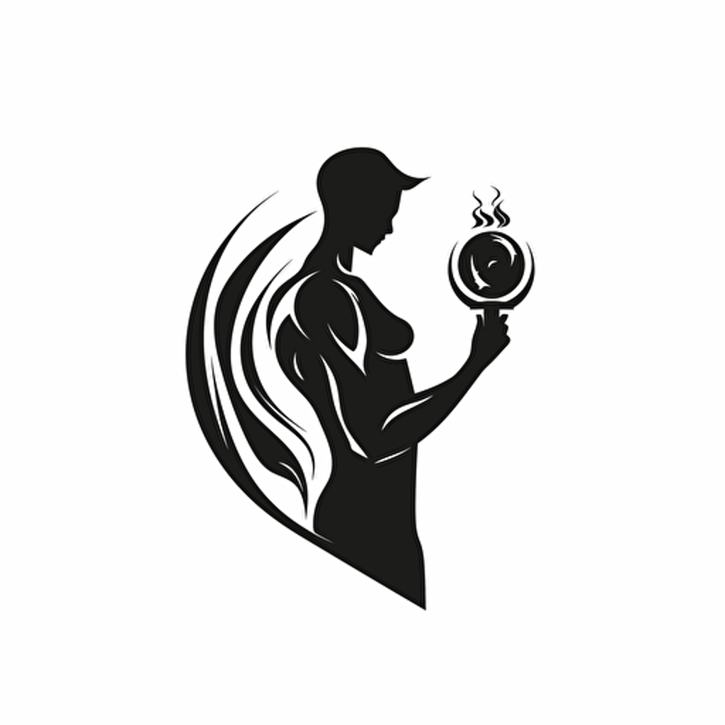 minimalistic logo, abstract earth with oracle figure holding a torch, black on white, vector style