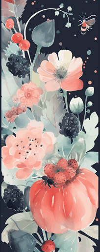 watercolor vector art, pastel colors,abstract, cozy, cottagecore, pretty stylish black picks strawberries, flowers, butterflies, apple trees, summer, bees,