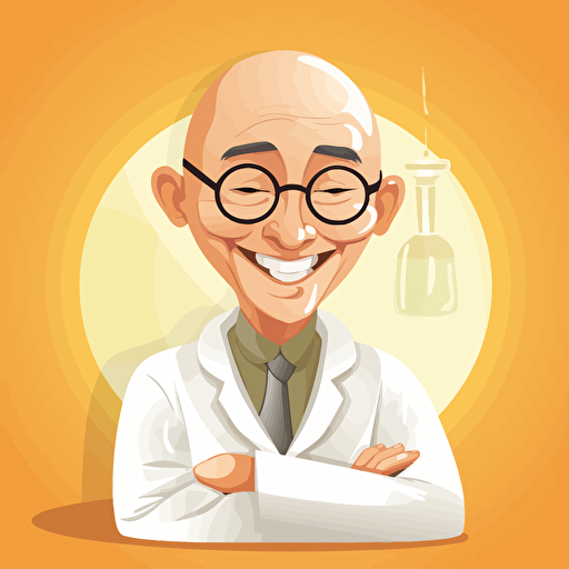 a chinese bald man, as a chemist, with a big smile in his face, cartoon, vector, 2d art