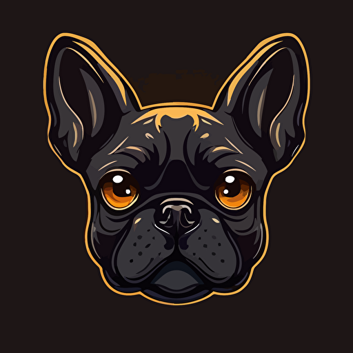 dark french bulldog head, cartoon eyes, friendly but focused, wry smile, vector logo, vector art, emblem, simple, cartoon, 2d