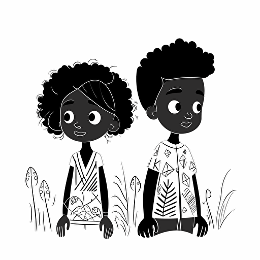 African American, simple vector black and white, children book illustration, minimalism, ghibli style