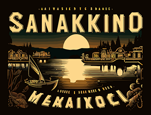 vector image, illustration, logo style, nighttime lake in Oakland California , in the style of text and emoji installations, the san francisco renaissance., stockphoto, iconic civil rights imagery, spot metering, glowing lights, vancouver school