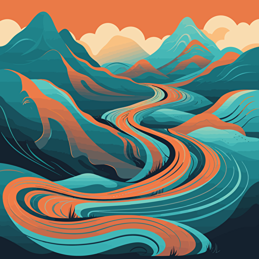 vivid, bright colors, light blue and orange, vector illustration:: mountain with winding trail::