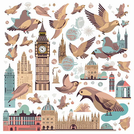 pidgeons clipart a set of stickers paper cutouts for scrapbooking collage UK themed. Vector image of Westminster London, full view, highly quality, no text, illustration,