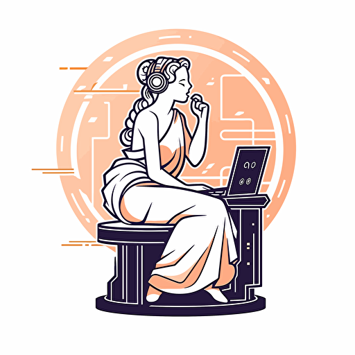 A women ancient Greek Philosopher thinking pose watching a computer connected to an AI machine, futuristic, minimalist, ronded vector logo, white background