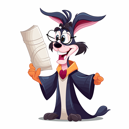 Student with glasses, wearing a graduation robe and graduation stole while smiling. Hands crossed in front of him holding a rolled up scroll. Cartoon looney tunes animaniacs bugs bunny vector style.