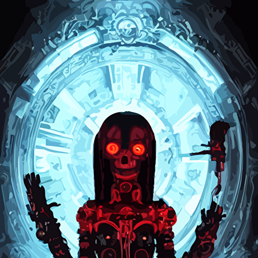 body cyberpunk style sculpture young beautiful dark priestess half android head opening exposing circuitry glowing red eyes black roses flowing blood red colored silk fabric baroque elements candles human skull crows flying background length view baroque element intricate artwork caravaggio trending artstation octane render cinematic lighting right hyper realism octane render 8k depth field 3d