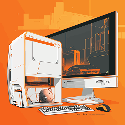 2D vector PC with Playstation and Xbox in minimalism cyberpunk style and in orange colors. Background white