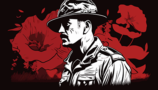 australian soldier and red poppy, moody and dramatic, minimalist, vector, contour