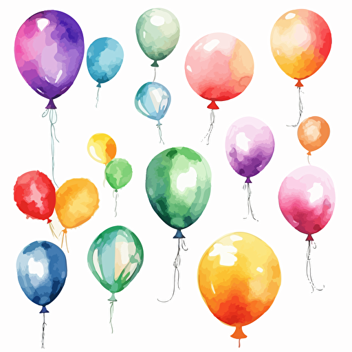balloons, detailed, cartoon style, 2d watercolor clipart vector, creative and imaginative, hd, white background
