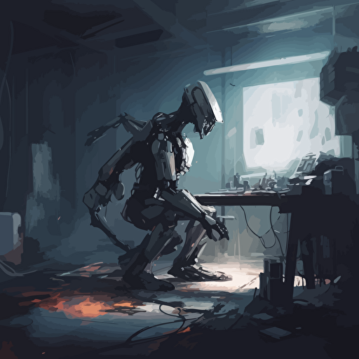 a futuristic robot in a workshop that is broken. vector art, moody lighting