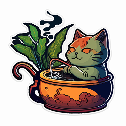 Cat smoking pot, Sticker, Relaxed, Warm colours, anime, Contour, Vector, white background, Detailed