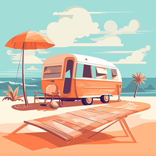 simple flat vector illustration of a caravan with a wooden porch with a swing on the beach