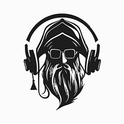 minimalistic iconic logo of wizard wearing headphones, black vector, on white background